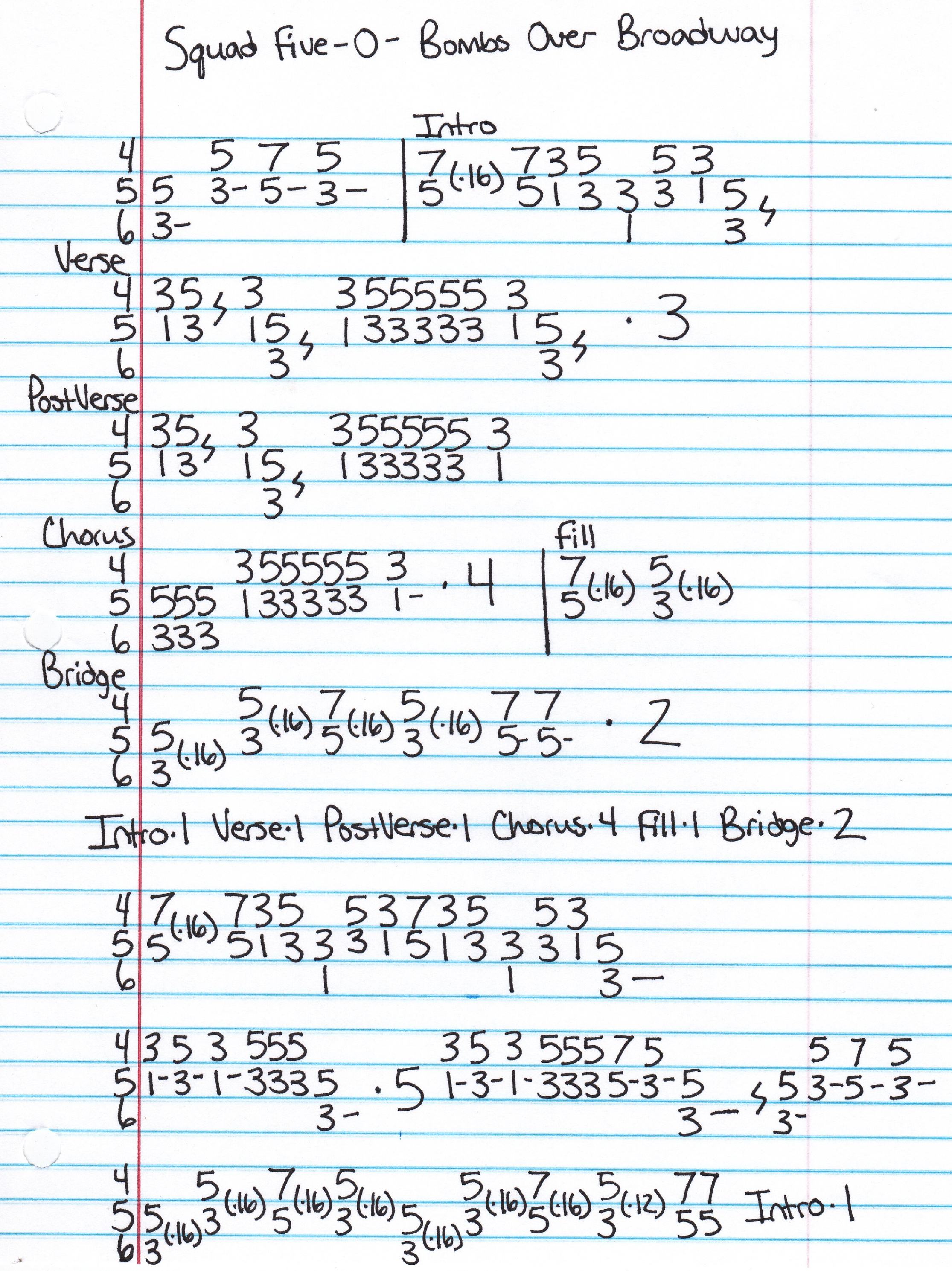 High quality guitar tab for Bombs Over Broadway by Squad Five-O off of the album Bombs Over Broadway. ***Complete and accurate guitar tab!***